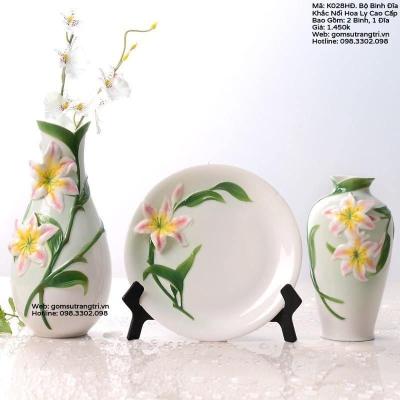 BỘ BÌNH ĐĨA KHẮC NỔI HOA LY CAO CẤP